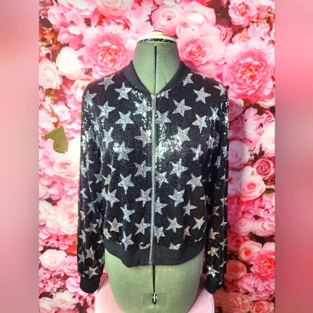 Forever 21 sequined jacket black with silver stars Small
